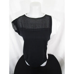 C & A Retro Modern Black & White Colorblock, Mesh Cotton Top Women Sz M